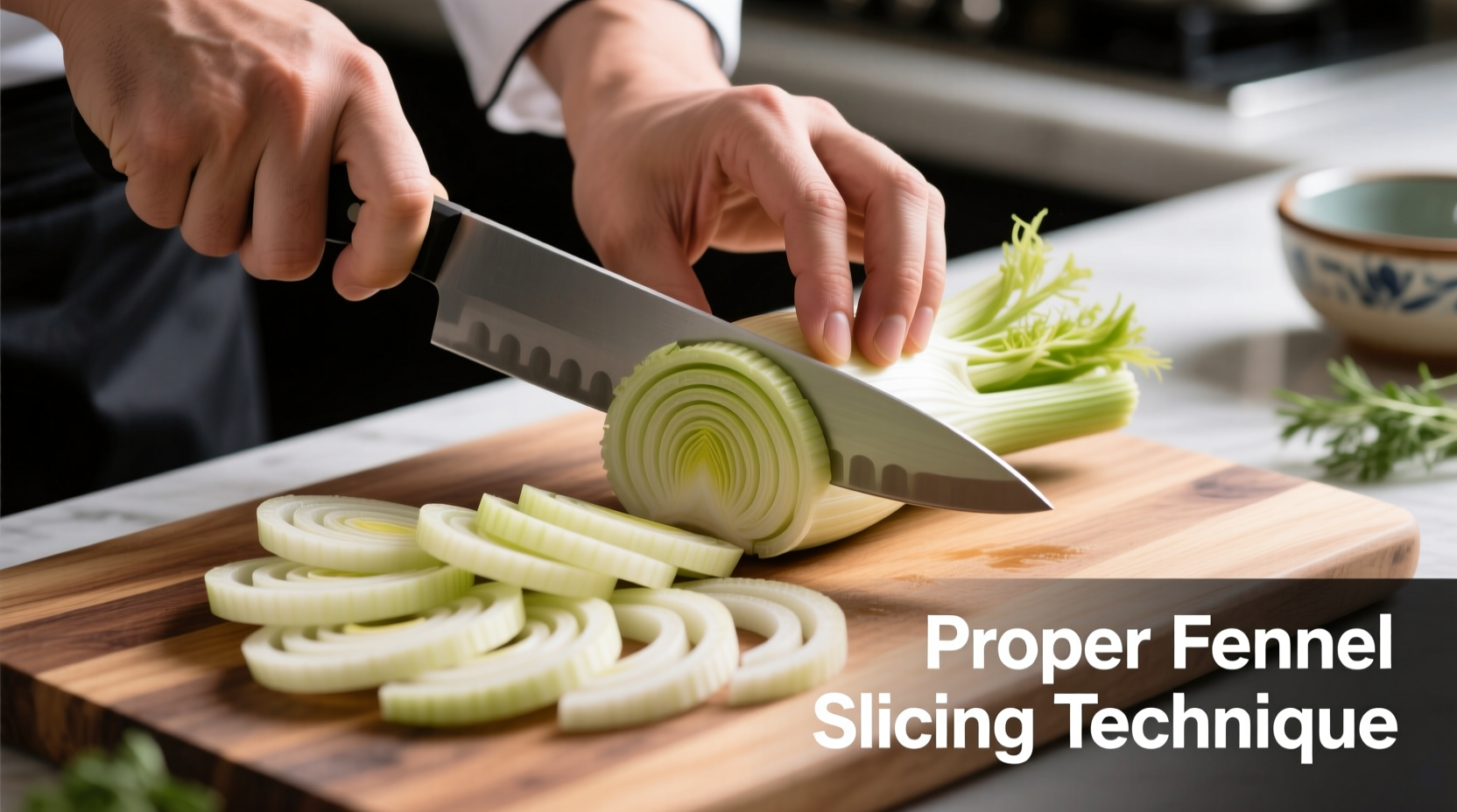 Chef's hand demonstrating proper fennel slicing technique