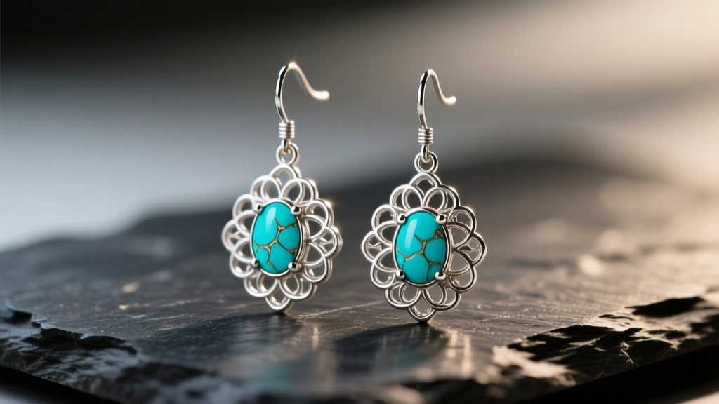 Close-up of ornate alpaca silver drop earrings with turquoise inlays resting on dark slate under warm directional lighting