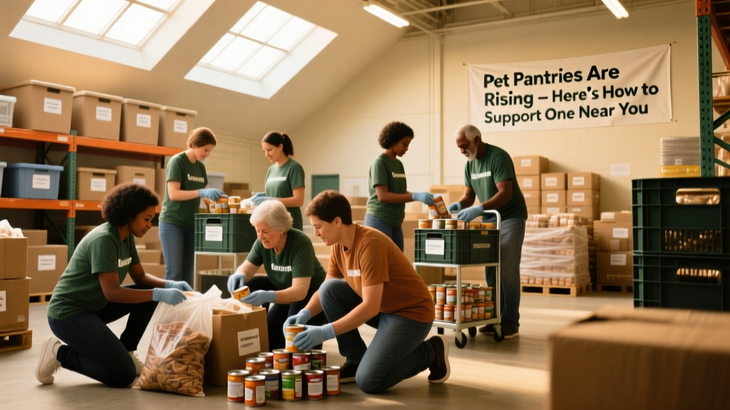 A diverse group of volunteers sorting donated pet food and supplies in a well-organized warehouse space