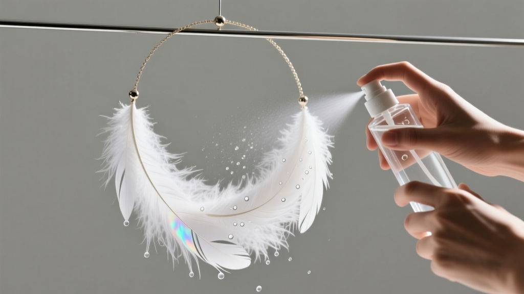 Hands spraying clear acrylic sealer onto a white feather boa necklace suspended on a wire frame against a neutral backdrop.