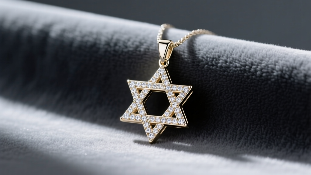 10k white gold Star of David pendant featuring micro-pave diamond accents on one triangle, resting on a soft grey velvet backdrop.