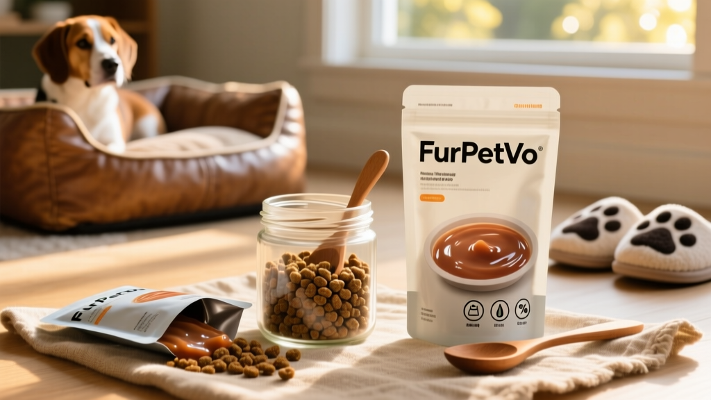Side-by-side comparison of dry kibble and wet food pouches, each with FurPetVo branding and clear nutritional icons