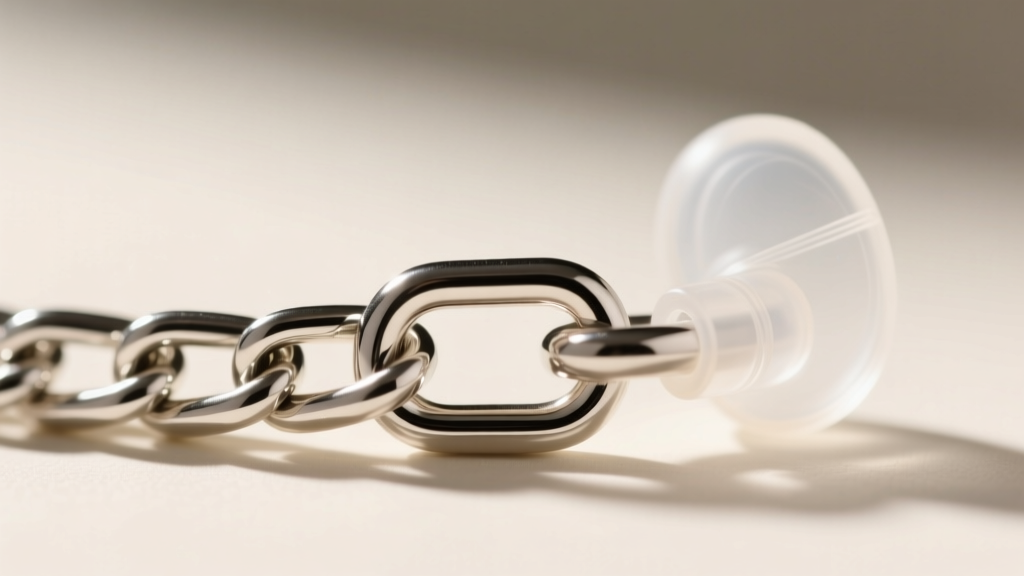 Macro shot of a 2mm sterling silver box chain link structure, highlighting smooth snag-free edges near a clear silicone earpiece.