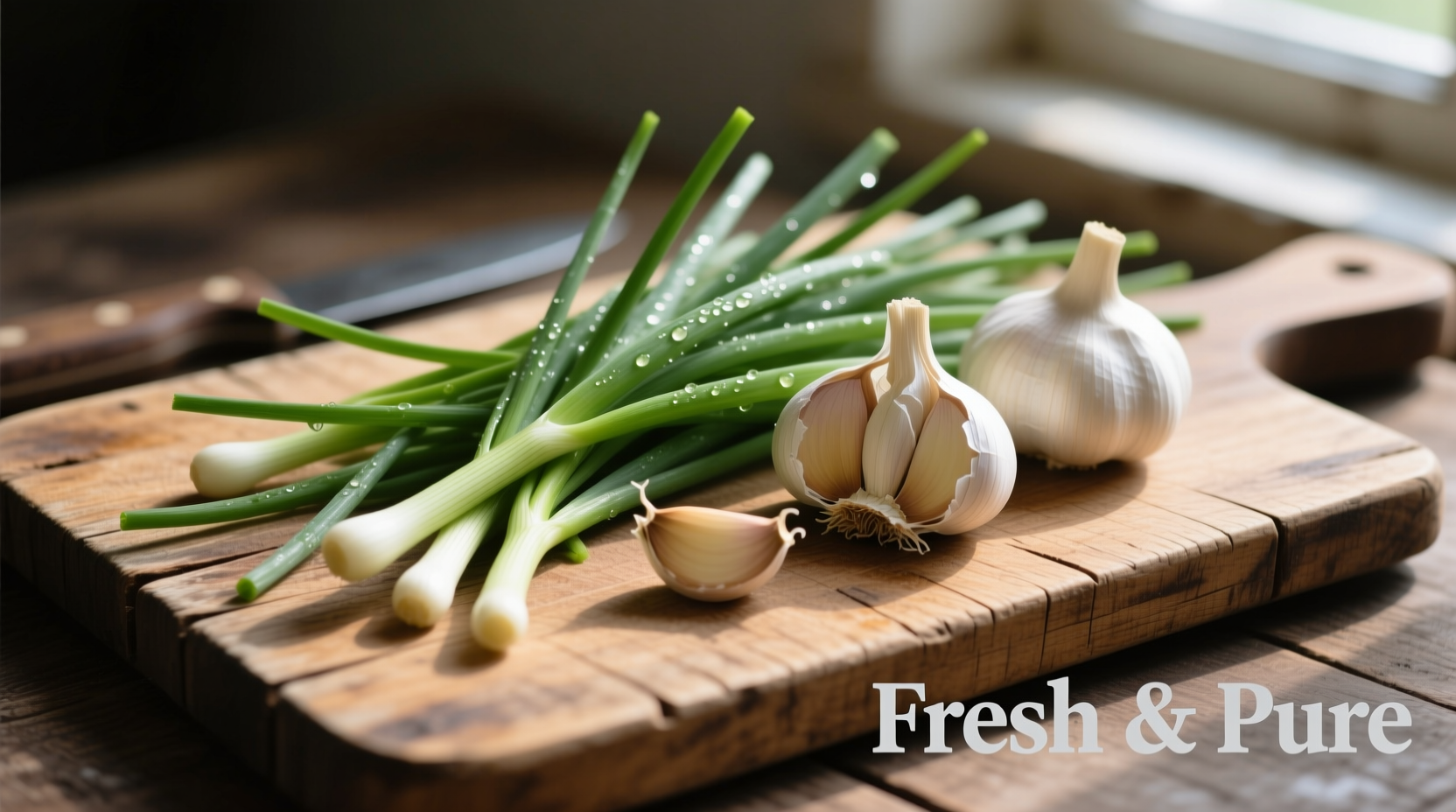 Fresh chives and garlic bulbs on wooden cutting board