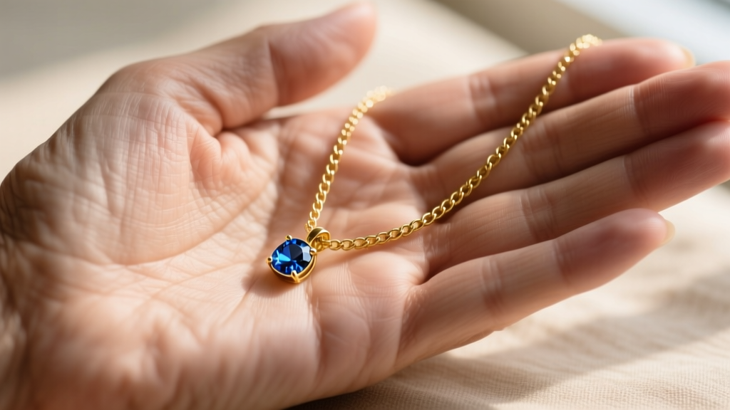 Close-up of a delicate 14k solid gold box chain with a small bezel-set birthstone pendant resting on a mature woman's collarbone.