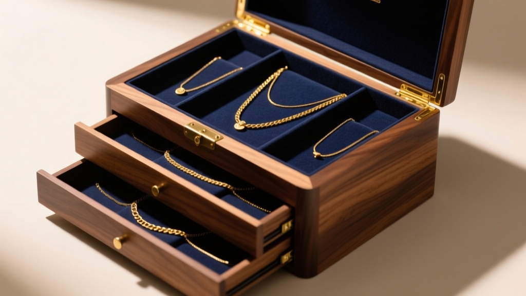 Open walnut necklace jewelry box with drawers showing gold chains on dark anti-tarnish felt lining under warm studio light