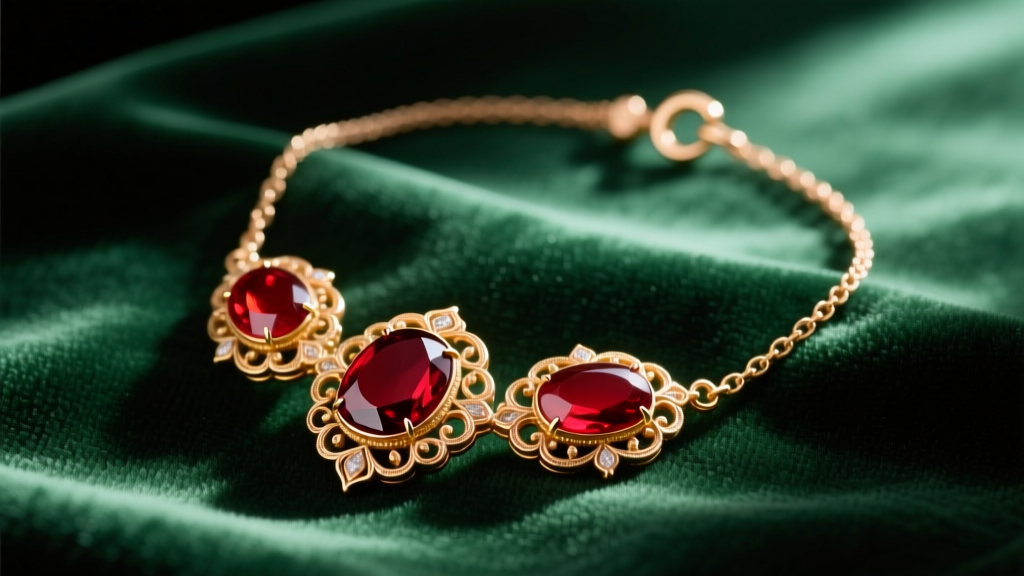 Victorian vintage carnelian necklace with oval cabochons in ornate 9k rose gold and a C-clasp resting on dark green velvet cloth