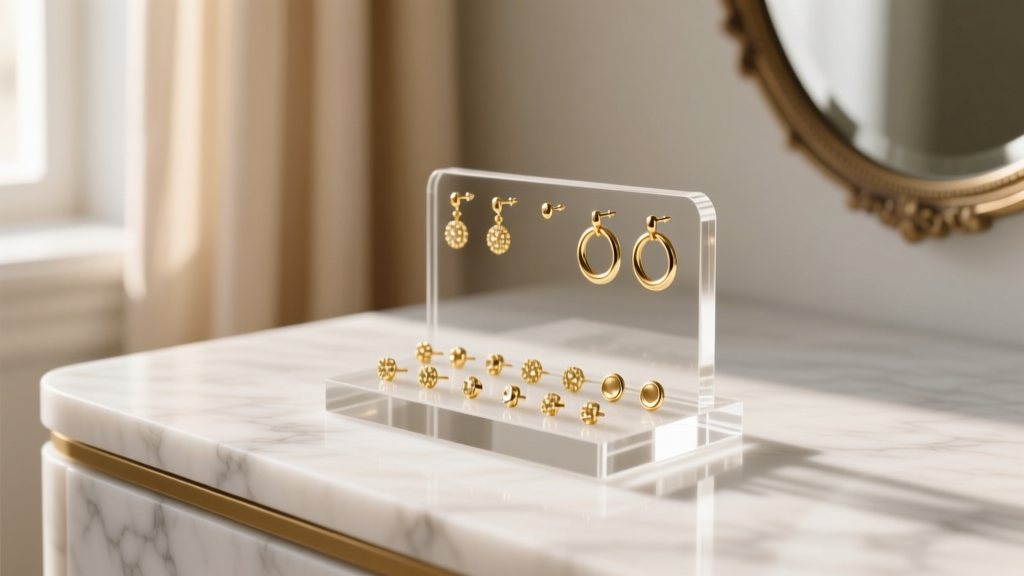 Clear acrylic small earring holder on a marble vanity displaying tiny 14k gold micro-studs and huggies in soft morning light.