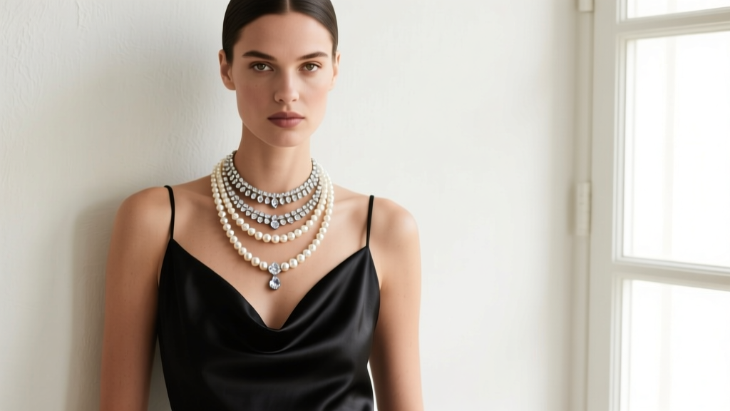 Editorial shot of a model wearing three layered pearl rhinestone necklaces over a black silk slip dress with a cowl neckline