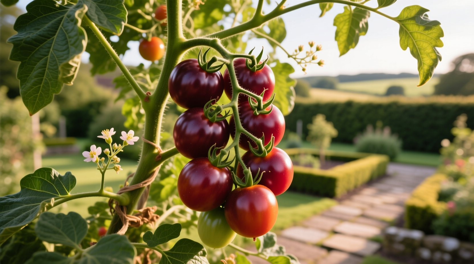 Plum tomatoes growing on vine in Marlborough garden