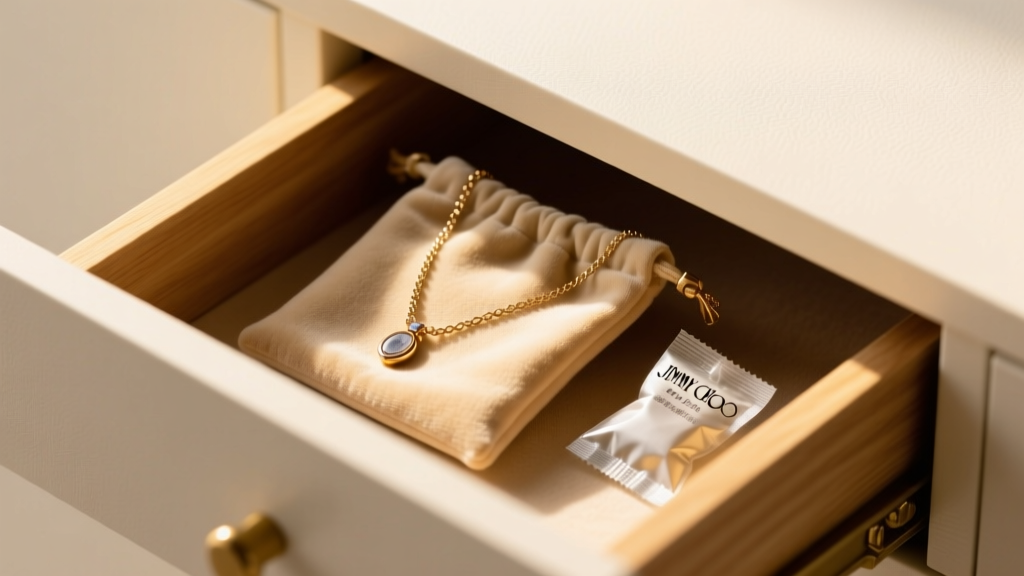 Open drawer showing a Jimmy Choo necklace stored in an anti-tarnish pouch with silica gel packets, illuminated by warm light.
