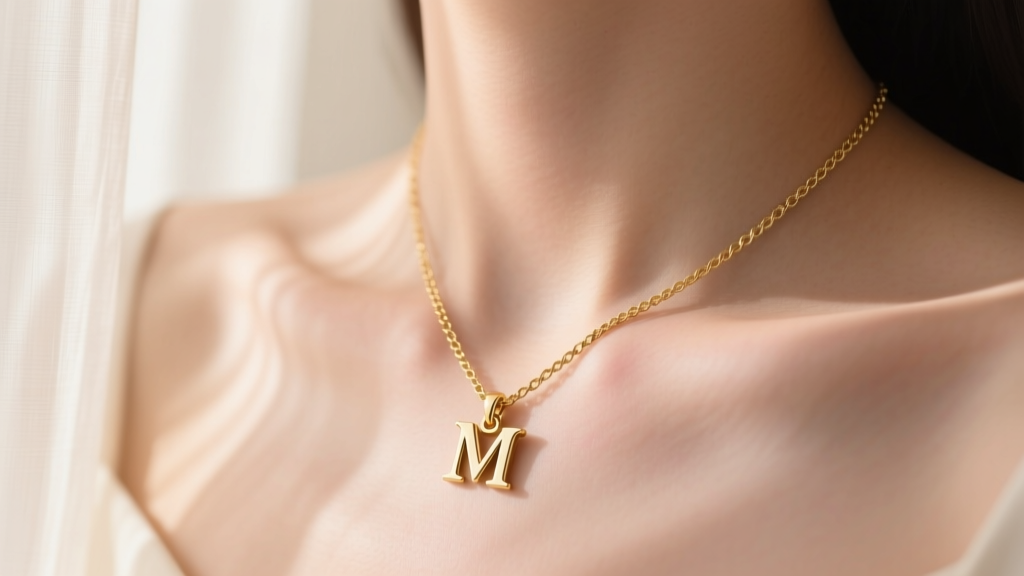 Delicate 14k gold cable chain necklace with a small serif letter M pendant resting on a collarbone in soft natural lighting.