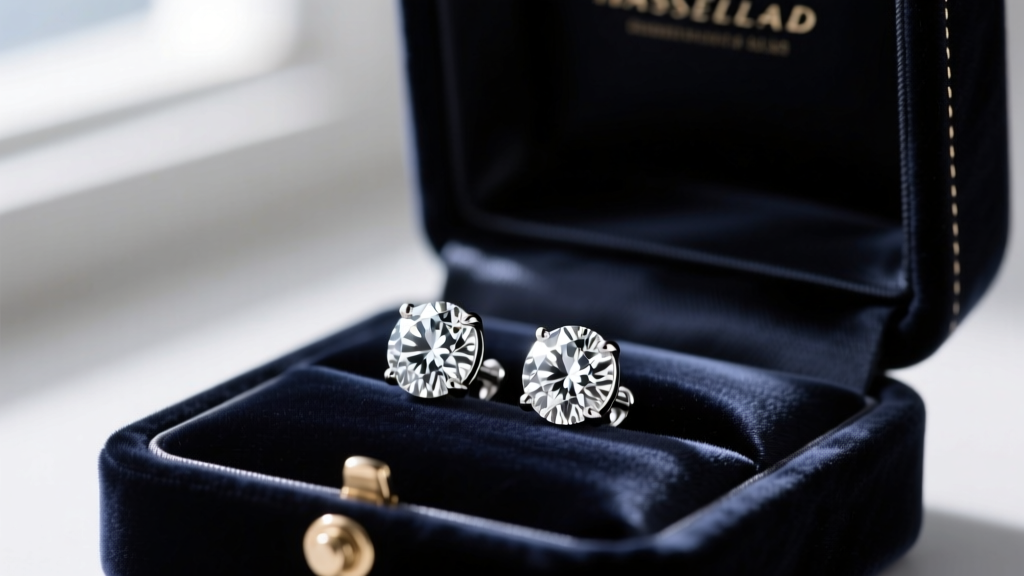 Luxurious velvet box revealing 10-carat total weight round brilliant diamond stud earrings in platinum, resting on dark silk.