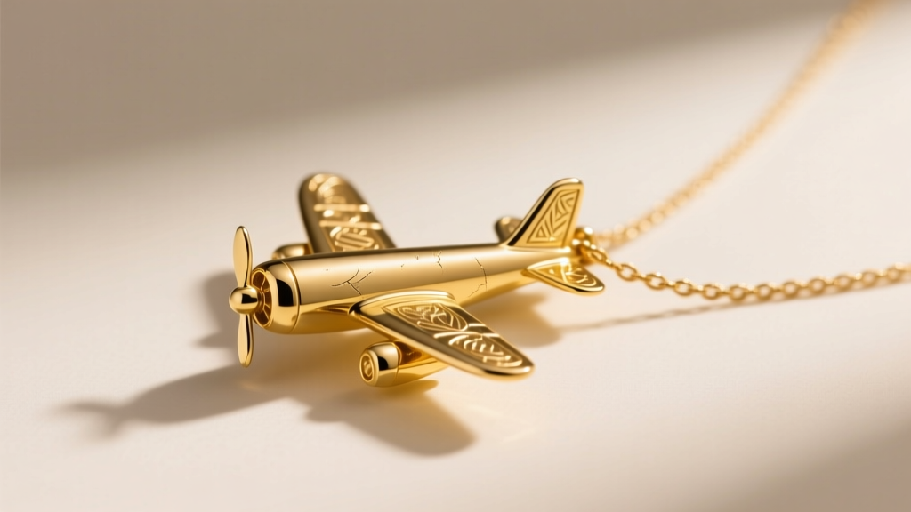 Polished 14k yellow gold airplane pendant resting on a delicate cable chain, illuminated by warm directional studio lighting.