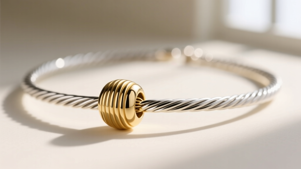 Close-up of a Cape Cod necklace showing machined threads on a 14k gold screw bead on a polished sterling silver wire collar