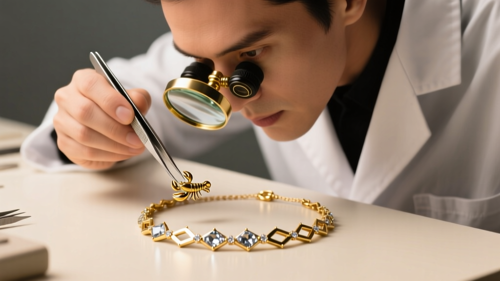 Jeweler using tweezers and a loupe to inspect a broken 5mm lobster clasp on a gold vermeil disco necklace at a small repair desk