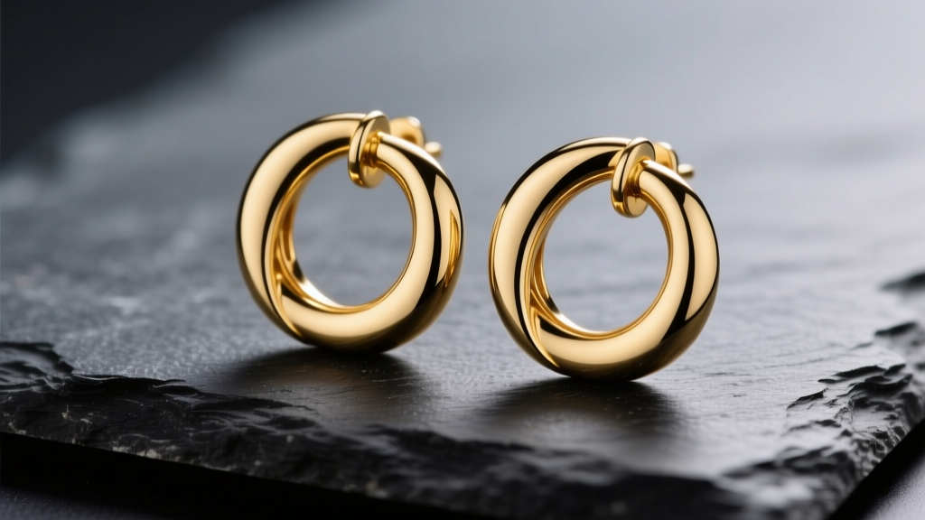 Close-up of 14k yellow gold interlocking XO earrings on dark slate, showing polished metal edges and soft studio light.