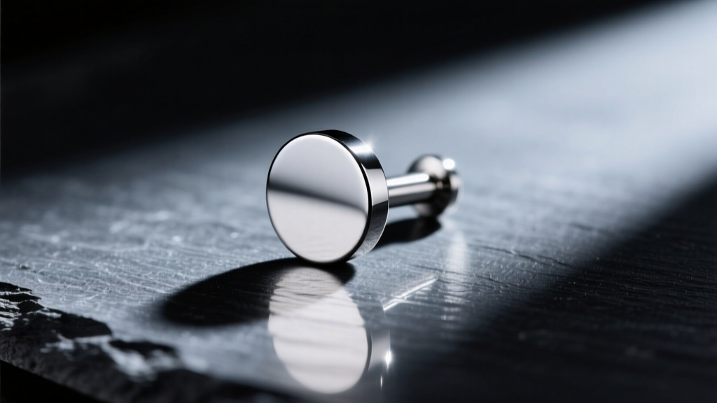 Close-up of a mirror-polished ASTM F136 titanium labret stud with a flat back, resting on dark slate with dramatic side lighting