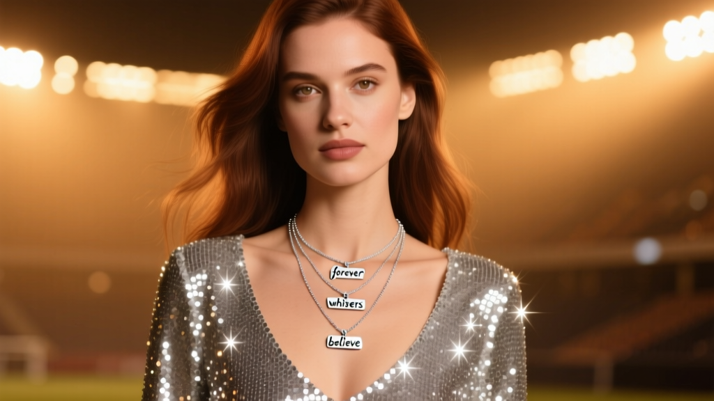 Woman layering three delicate sterling silver necklaces with subtle lyric charms over a sequined top under warm stadium lighting.