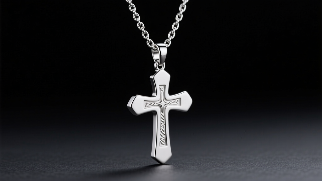 Side profile of a silver cross pendant hanging like a necklace on a 3.0mm Cuban link chain, shown against a matte black backdrop.