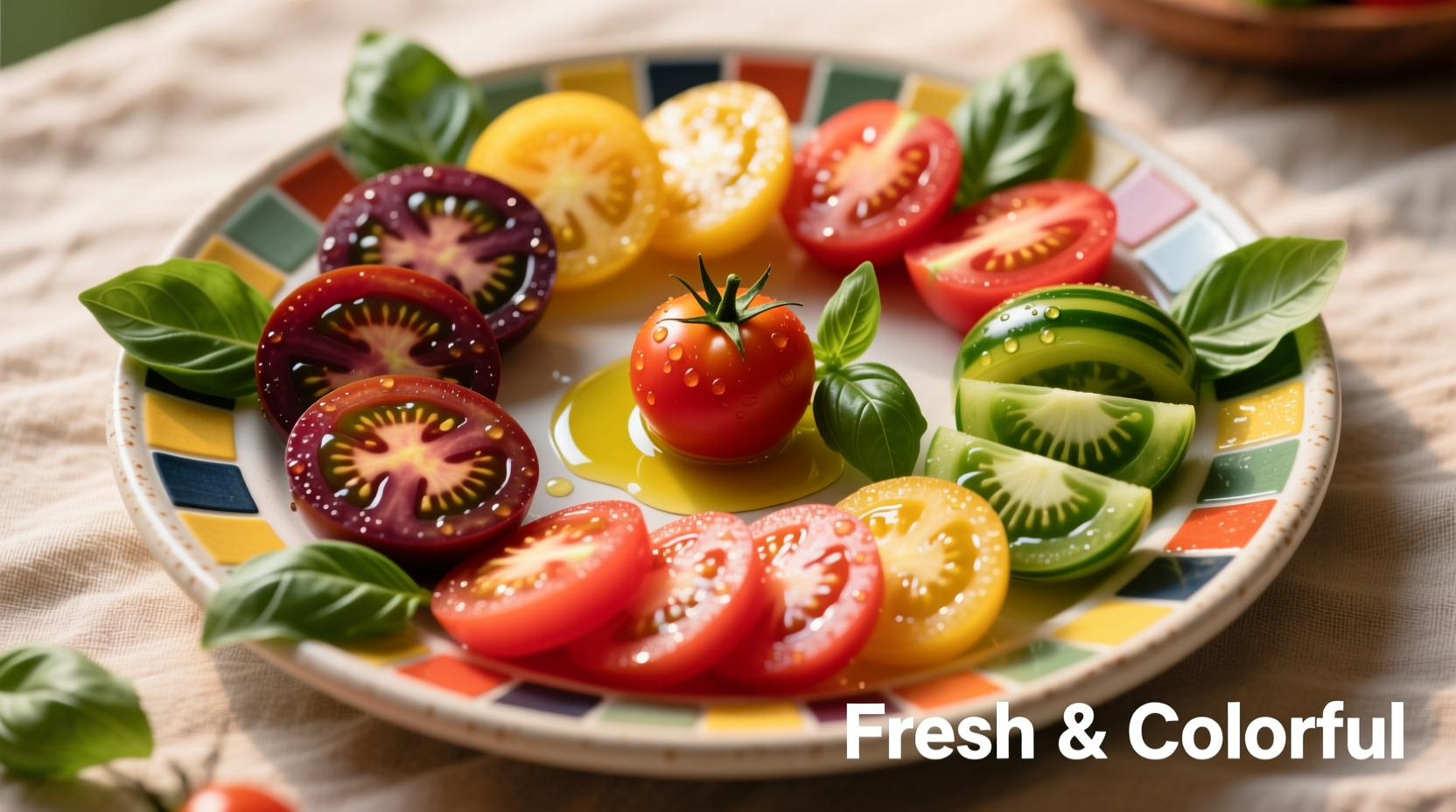 Colorful tomato appetizer platter with fresh basil