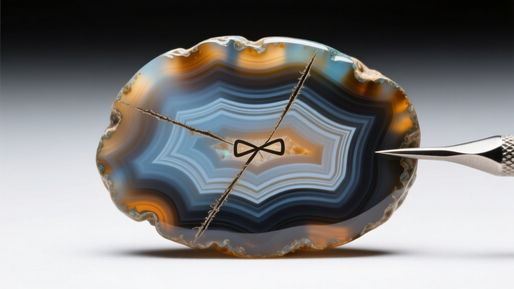 Close-up of a banded agate cameo showing microscopic bow-drill tool marks and natural patina under a gemological microscope lens.