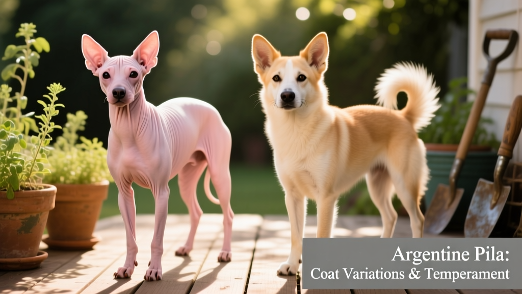 Side-by-side comparison showing two Argentine Pilas—one with full hairlessness, another with light fuzz on ears and tail—to illustrate natural coat variation