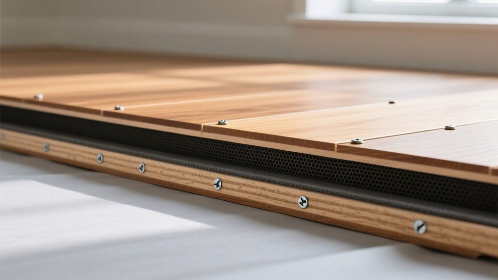 Cross-section of wood subfloor showing plywood, acoustic rubber underlayment, and solid oak hardwood flooring nailed securely in place