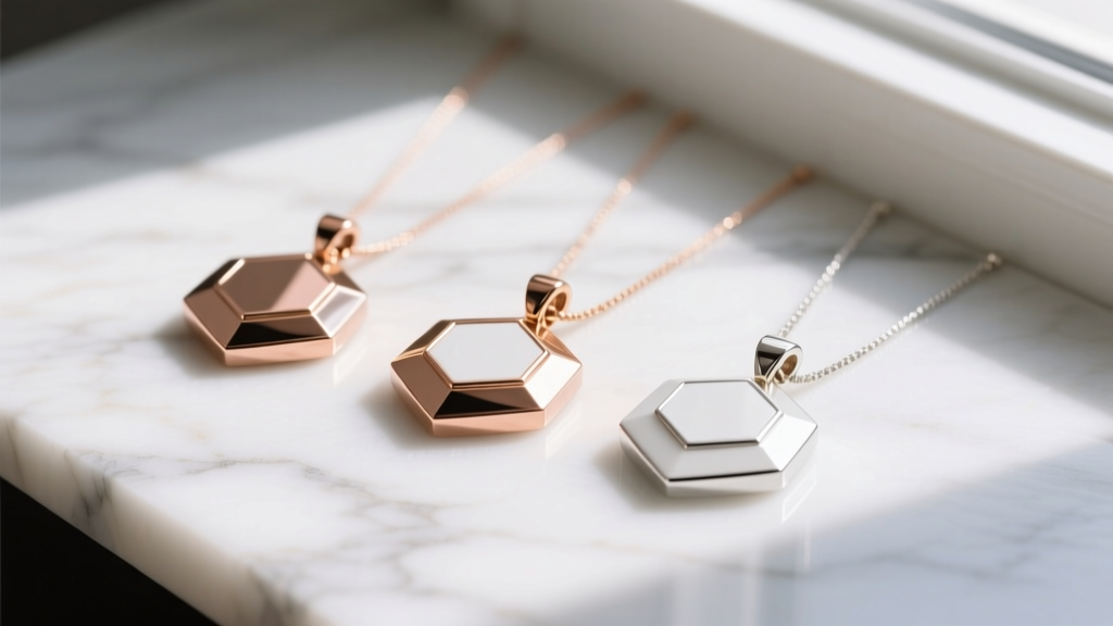 Flat lay of three large initial pendants sized 30mm to 50mm in rose and white gold, resting on a white marble surface