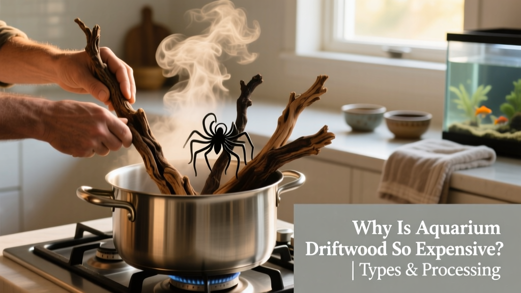 Hands boiling driftwood in a large stainless steel pot on a stovetop, steam rising, clean workspace visible
