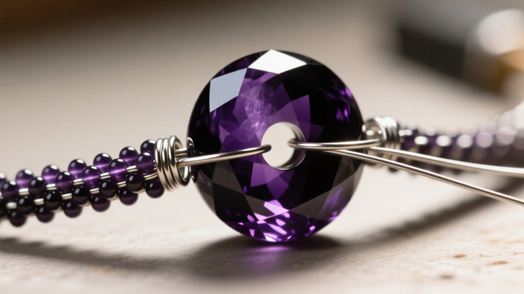 Jewelry workbench close-up showing 49-strand steel beading wire threaded through a heavy, dark purple sugilite gemstone bead.