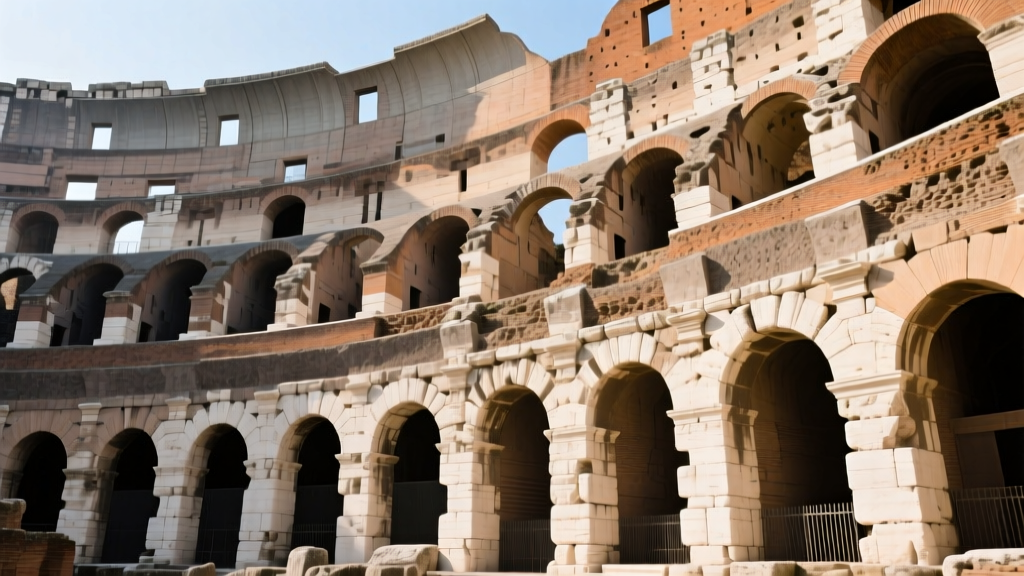 Cross-section of the Colosseum highlighting layered travertine piers, tuff infill walls, and vaulted Roman concrete ceilings