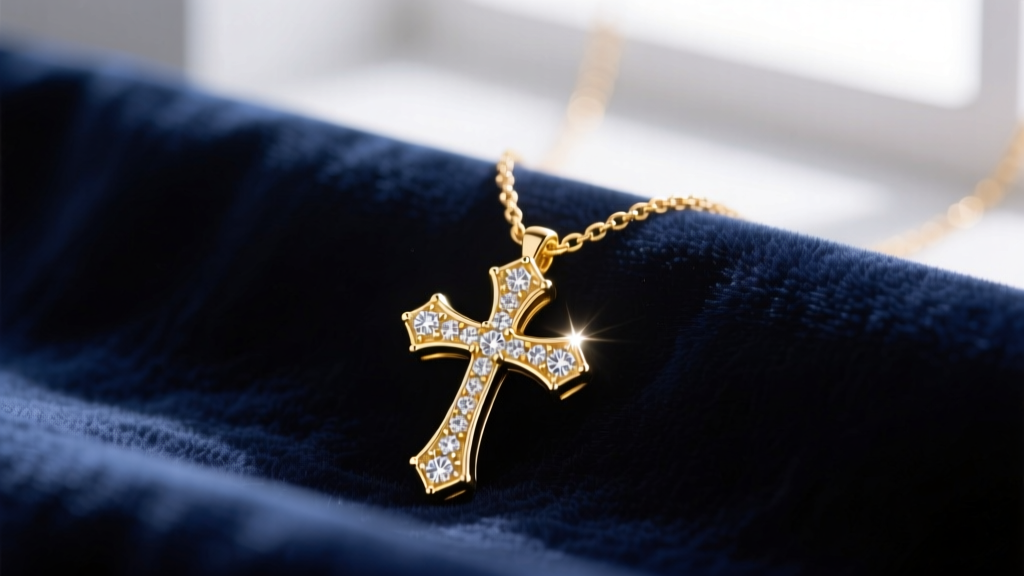 Macro photography of an 18k gold heart cross necklace featuring micro-pave diamond accents, resting on dark navy velvet fabric