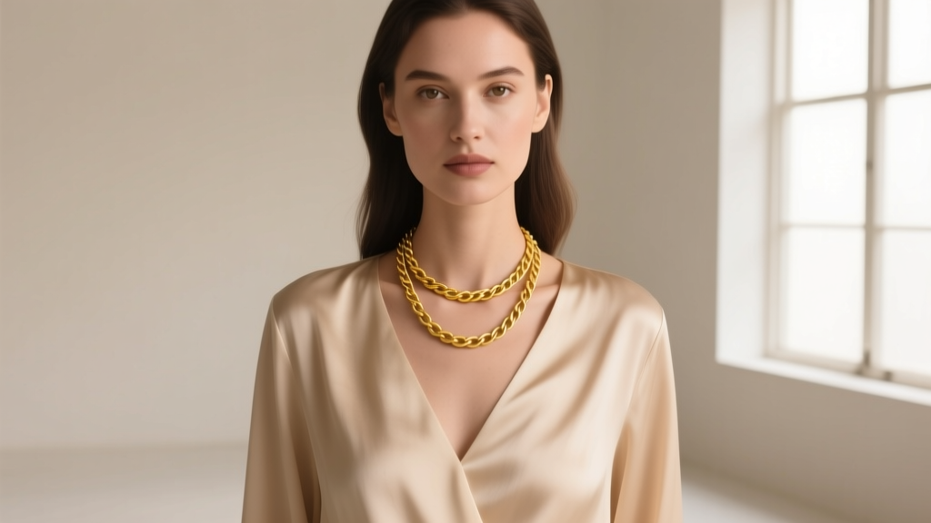 Woman wearing layered 14k yellow gold paperclip and rope chain necklaces against a beige silk blouse, soft studio lighting.