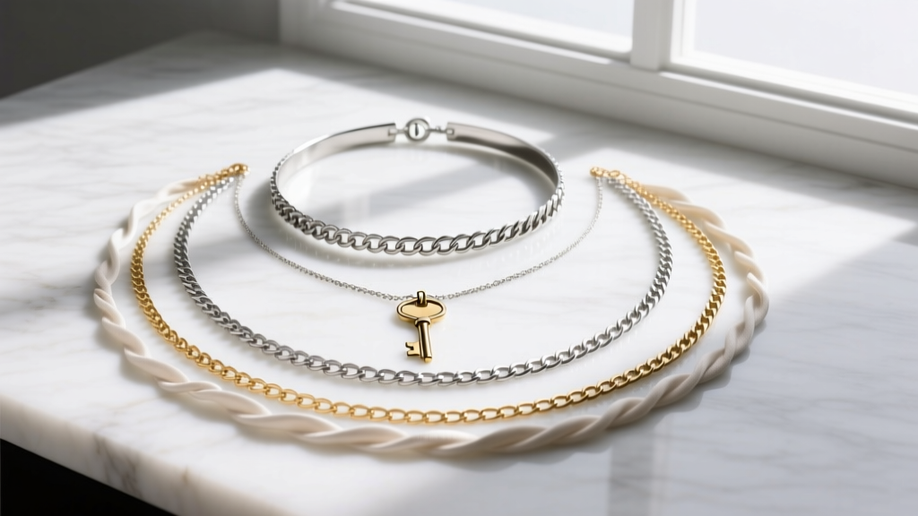 Flat lay of layered necklaces featuring a 16-inch choker, an 18-inch key pendant, and a 22-inch lariat chain on white marble.