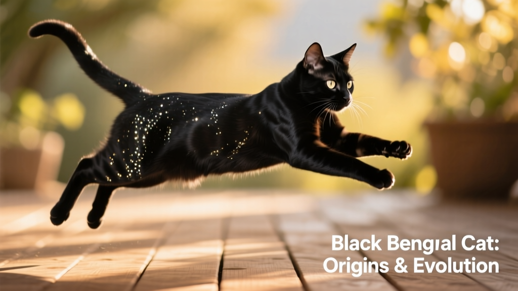 A playful black Bengal mid-leap, capturing muscle definition and glittery coat texture in natural sunlight