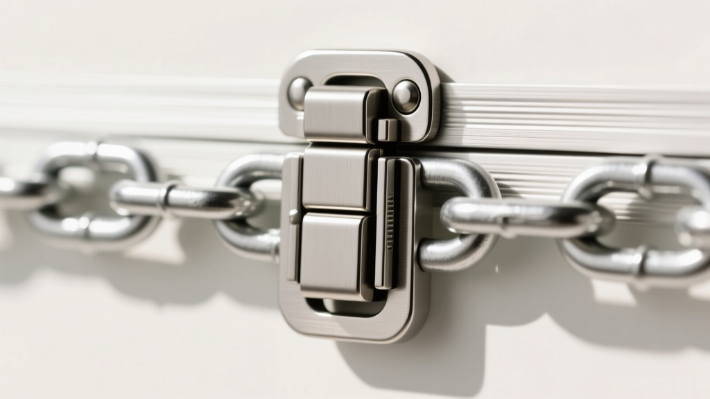 Macro photography of a heavy-duty stainless steel box clasp with a double safety latch, attached to a thick 10mm silver chain link