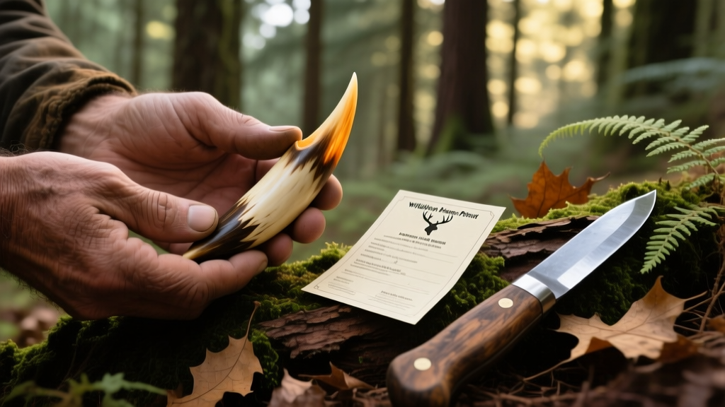Hands holding a raw, unpolished elk ivory tooth next to a wildlife harvest permit and a carving knife in a forest setting.