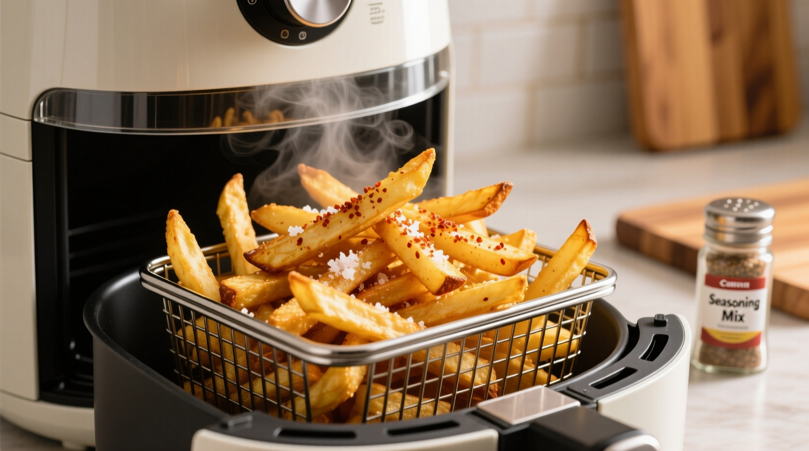 Golden crispy air fryer fries in basket with seasoning