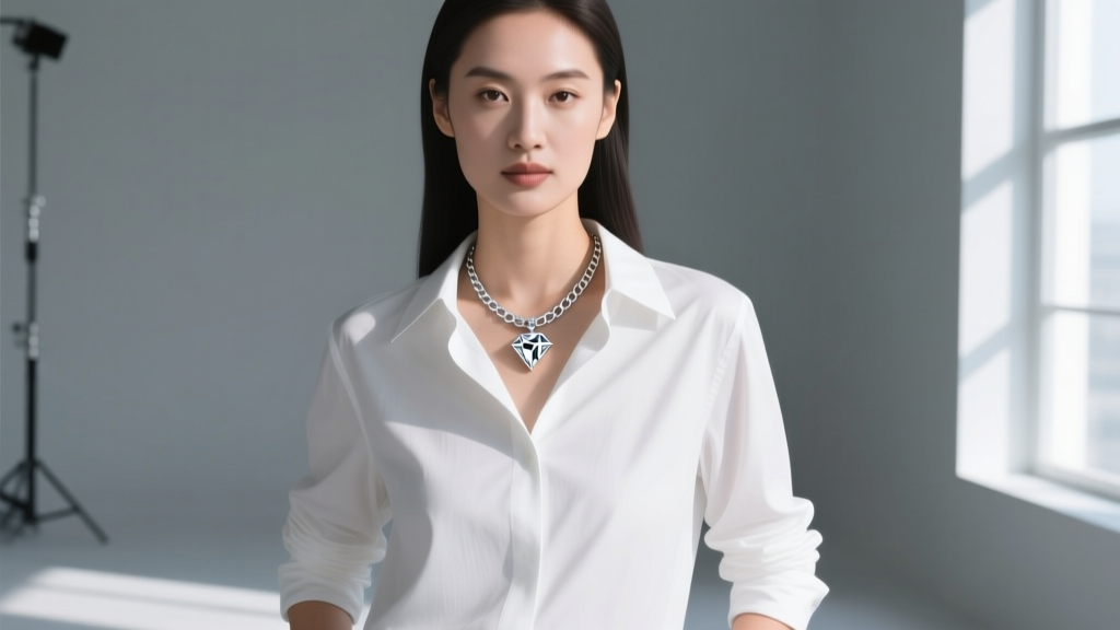 Woman wearing a crisp white button-down shirt paired with a minimalist 24-inch platinum box chain and a geometric diamond pendant.