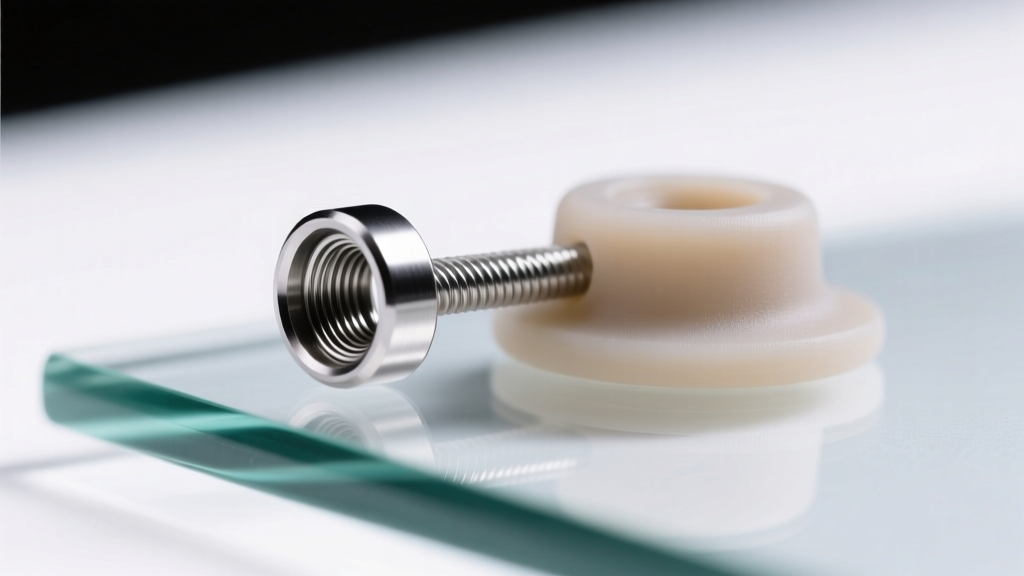 Macro shot of a 16-gauge internally threaded titanium labret stud on glass next to a silicone back under cool studio lighting.