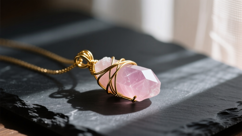 Close-up of a raw rose quartz pendant wrapped in 14k gold-filled wire, resting on a dark slate surface with soft, moody lighting.