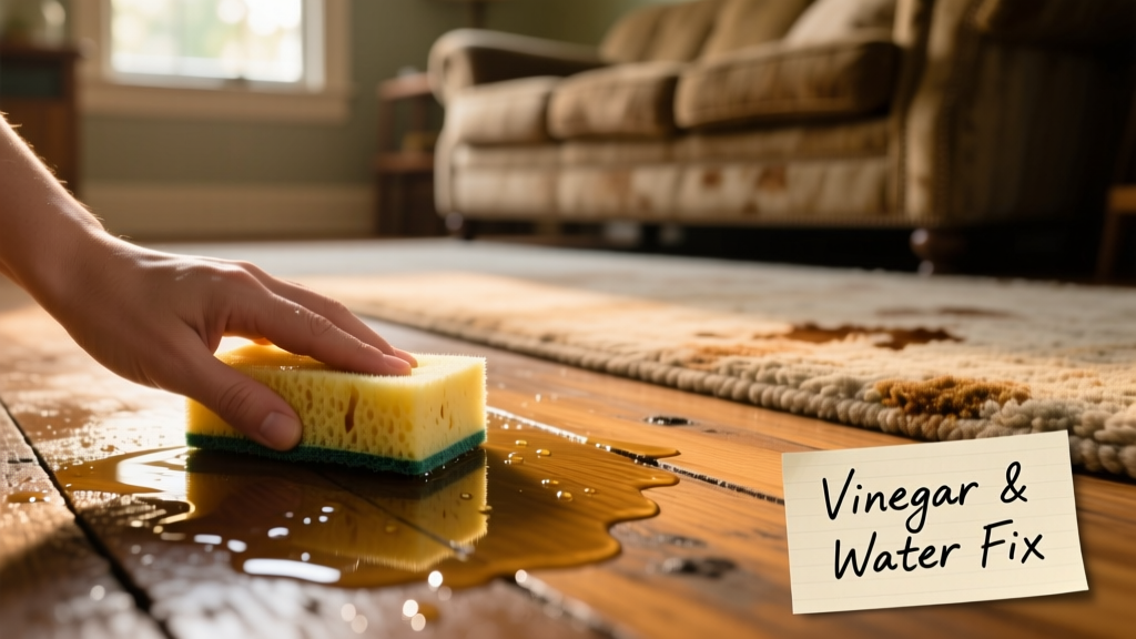 Close-up of a wooden floor section being cleaned with a vinegar-dampened sponge