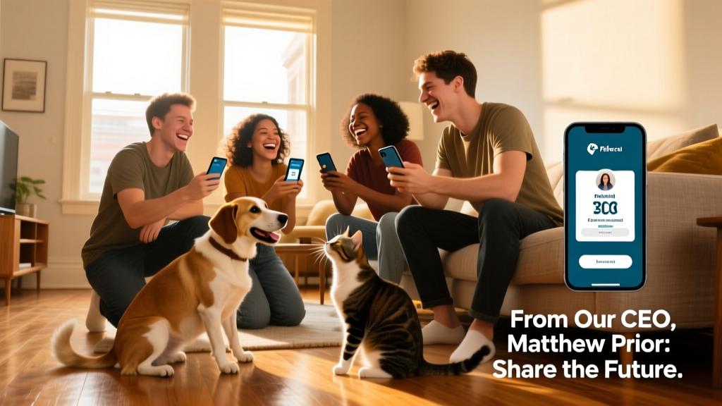 Illustration of friends exchanging referral codes and celebrating with pets