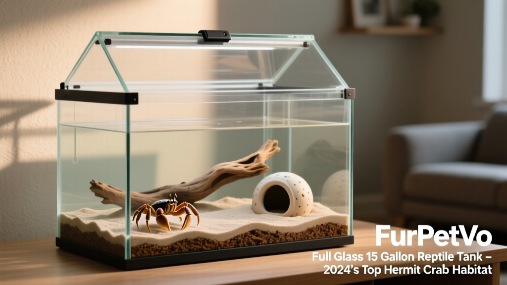 FurPetVo Full Glass 15 Gallon Reptile Tank showing clear front panel, secure lid, and interior space ready for substrate and décor