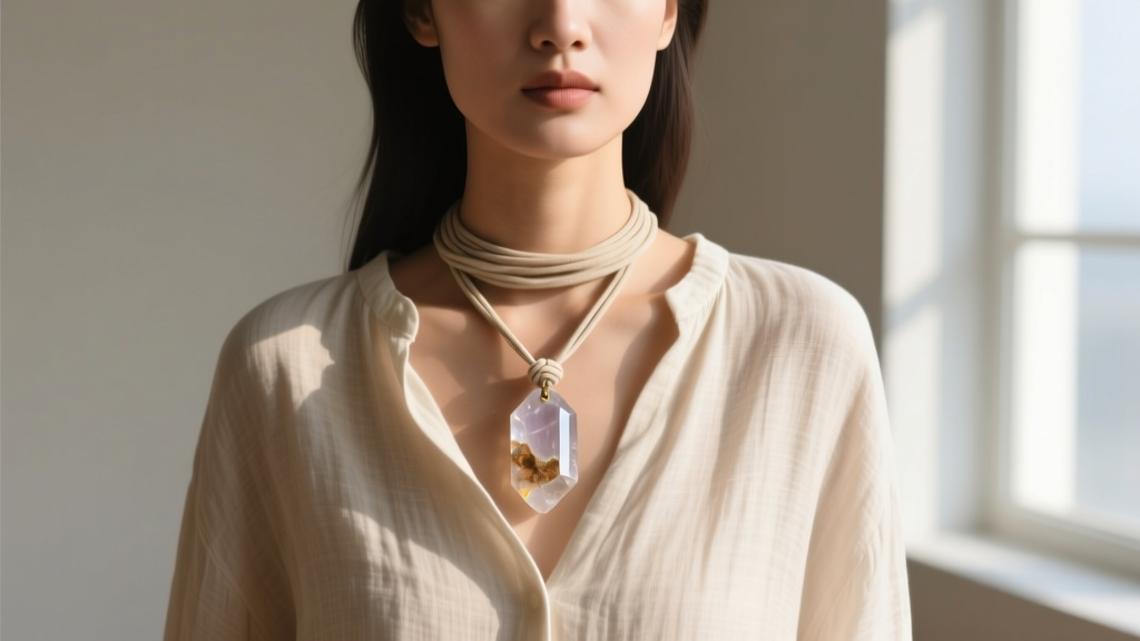 Model wearing a layered adjustable slip knot necklace with a raw quartz crystal pendant over a relaxed linen shirt in daylight