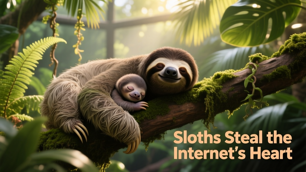 Sloth mother and baby resting side-by-side on a shaded branch in a lush zoo enclosure