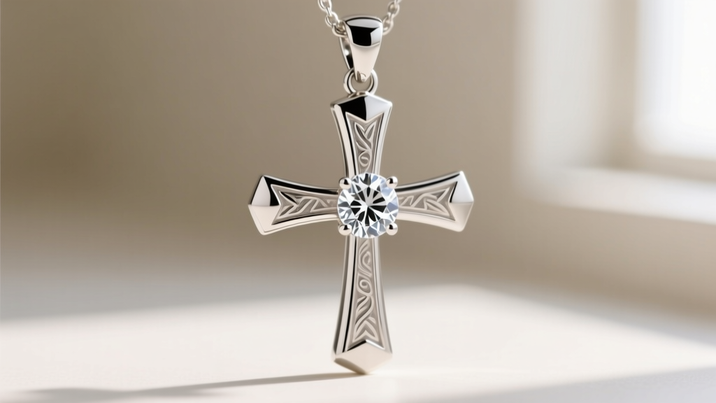 Close-up of a four-prong setting securing a round clear cubic zirconia stone within a polished sterling silver cross pendant frame.