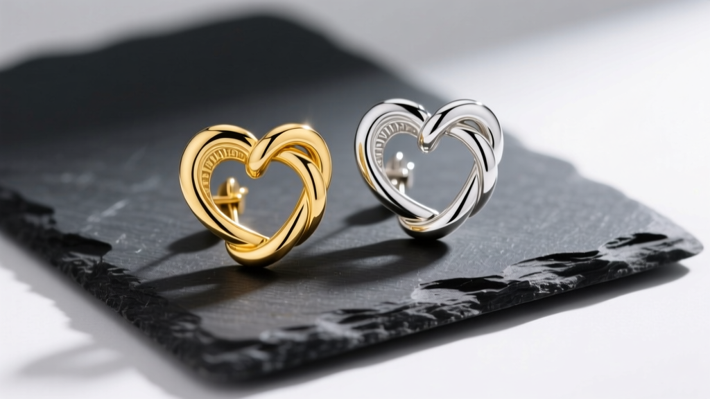 14k yellow gold and sterling silver heart knot earrings side-by-side on a dark slate display pad under bright studio lighting.