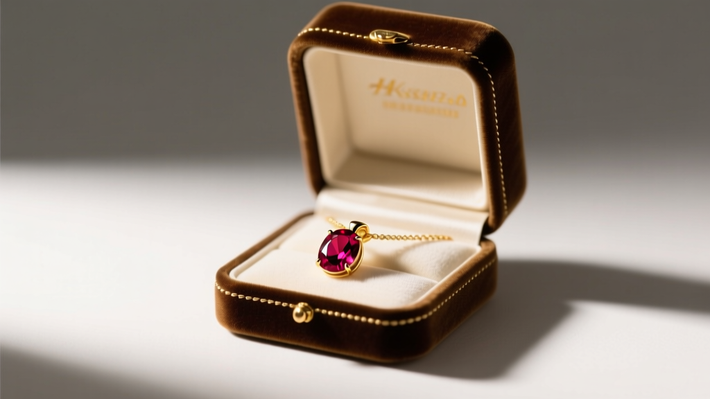 Velvet display box holding a 14k yellow gold pendant necklace with a vivid 2-carat oval Mozambican ruby under warm spotlight